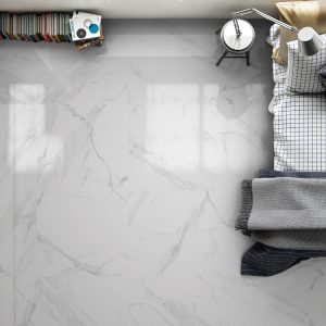 Polished Carrara marble effect porcelain tile.
