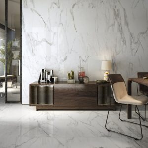 Large format polished Carrara Marble effect porcelain floor